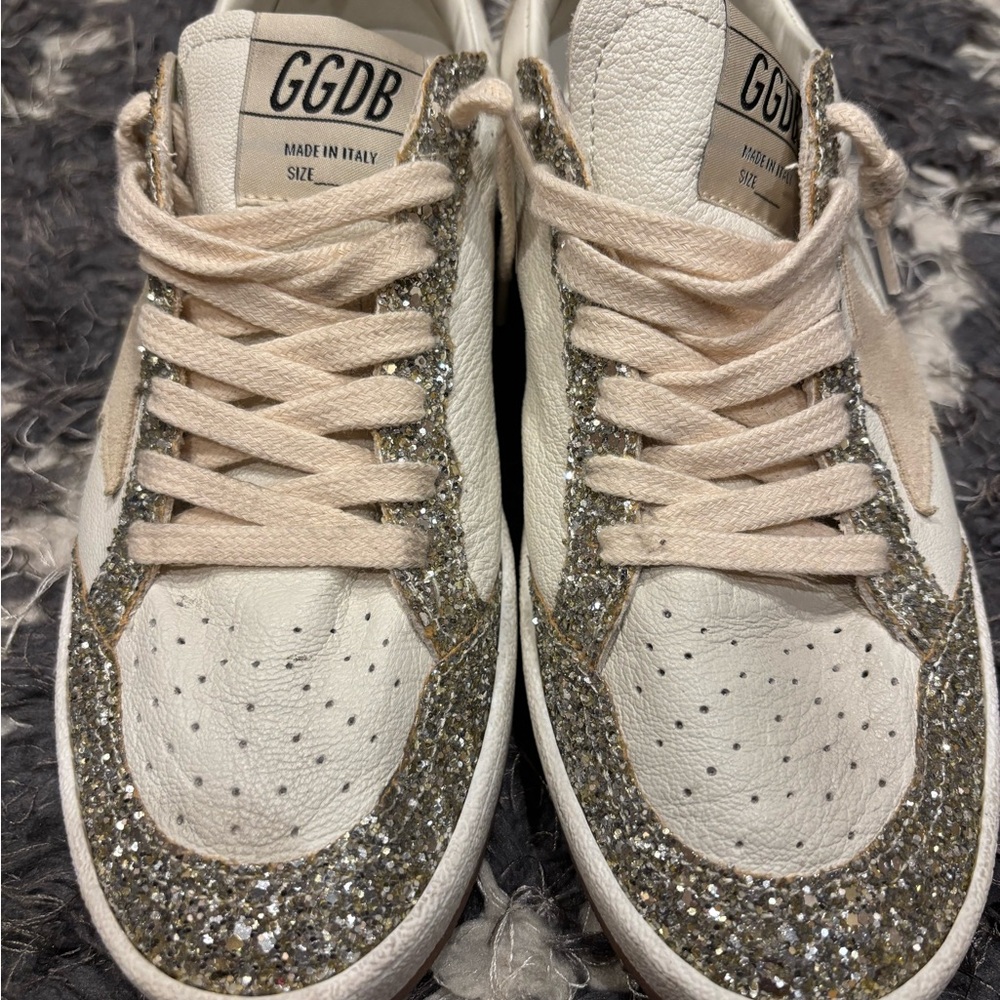 Golden Goose White Sneakers with Gold Glitter Trim and Cream Laces